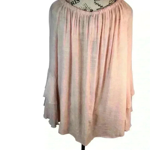 Unique Spectrum Women’s 3X Blouse Peach Gauze Lace Trim Double Bell Sleeves NWT - Picture 2 of 8